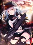  1girl ;o assault_rifle bangs bare_shoulders belt belt_pouch black_jacket black_legwear black_scarf black_shorts blush building camouflage cloud cloudy_sky commentary_request floating_hair g11_(girls_frontline) girls_frontline gun h&amp;k_g11 hair_between_eyes hat highres holding holding_gun holding_weapon jacket leg_up lens_flare long_hair long_sleeves looking_at_viewer midriff nya_rl object_namesake off_shoulder one_eye_closed open_clothes open_jacket orange_sky outdoors parted_lips peaked_cap pouch red_footwear red_headwear rifle scarf shirt shoes short_shorts shorts sidelocks silver_hair sky solo standing standing_on_one_leg thighhighs thighs torn_clothes torn_shirt weapon white_shirt yellow_eyes 