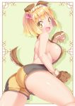  1girl :d animal_ears ass backless_outfit bangs bare_back bare_shoulders blonde_hair blunt_bangs breasts dog_ears dog_tail endro! fai_fai fang gloves gradient_hair highres ichi_makoto large_breasts looking_at_viewer multicolored_hair open_mouth paw_gloves paws short_hair sideboob smile solo tail thighs yellow_eyes 