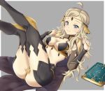  1girl absurdres ahoge blonde_hair book breasts cape center_opening circlet closed_mouth fire_emblem fire_emblem_if grey_background grey_eyes highres legs_up long_hair lying medium_breasts nintendo on_back ophelia_(fire_emblem_if) simple_background smile solo steeb26 thighhighs twitter_username 