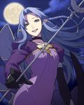  1girl bangs black_choker blue_eyes braid caster chesha choker dress fate/stay_night fate_(series) full_moon gloves lipstick long_hair long_sleeves looking_at_viewer makeup moon open_mouth pointy_ears purple_dress purple_hair purple_lipstick robe side_braid smile solo 