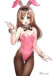  1girl a.i._channel adapted_costume animal_ears artist_name bangs black_neckwear bow bowtie breasts brown_hair brown_legwear bunny_ears bunnysuit cleavage covered_navel cowboy_shot detached_collar fake_animal_ears finalcake gluteal_fold green_eyes hairband kizuna_ai leotard looking_at_viewer medium_breasts multicolored_hair open_mouth pantyhose pink_hair pink_hairband pink_leotard round_teeth simple_background solo strapless strapless_leotard streaked_hair striped striped_neckwear swept_bangs teeth thigh_gap two-tone_hair upper_teeth virtual_youtuber white_background wrist_cuffs 