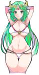  1girl adapted_costume arms_behind_back arms_behind_head arms_up bangs bikini blush breasts circlet cleavage closed_mouth commentary_request cropped_legs enpe eyebrows_visible_through_hair green_eyes green_hair groin highres kid_icarus large_breasts long_hair navel nintendo palutena parted_bangs smile solo stomach super_smash_bros. swimsuit thigh_gap underboob very_long_hair white_bikini wide_hips 