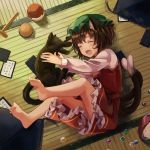  1girl animal_ears barefoot brown_hair cat cat_ears cat_tail chen chinese_clothes eyes_closed frilled_skirt frills green_headwear hat highres indoors jewelry long_sleeves lying mob_cap multiple_tails nekomata on_back open_mouth red_skirt red_vest sero3eta shirt single_earring skirt tail touhou two_tails vest white_shirt 