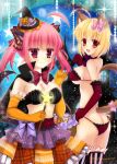  2013 2girls animal_ears ass bikini bitter_crown blonde_hair breasts candy cat_ears cat_girl cat_tail cleavage fang food halloween happy_halloween hat large_breasts multiple_girls original pink_eyes pink_hair red_eyes short_hair smile swimsuit tail twintails witch_hat 