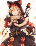 1girl :3 :d animal_ears animal_hood bangs belt black_capelet black_dress black_gloves blonde_hair brown_eyes capelet commentary_request cosplay cowboy_shot djeeta_(granblue_fantasy) dress fake_animal_ears floral_background fur_collar fur_trim gloves granblue_fantasy hair_between_eyes hand_up highres hood kuronekodoushi kuronekodoushi_(cosplay) long_sleeves looking_at_viewer open_mouth short_hair sidelocks signature smile solo standing suzume_(simple0091) tail white_background 