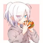  1girl blue_eyes eating female food hair_over_one_eye hamburger higashi_shino holding holding_food hood hoodie nail_polish original pointy_ears ponytail slit_pupils solo white_hair 