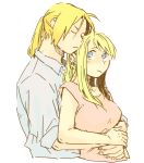  1boy 1girl :/ blonde_hair blue_eyes couple dress_shirt edward_elric expressionless eyes_closed fingernails frown fullmetal_alchemist head_rest hetero hug hug_from_behind igi_(tarqu0ise) looking_at_another looking_up shirt short_sleeves simple_background v-shaped_eyebrows white_background white_shirt winry_rockbell 