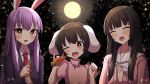 3girls :d \m/ animal_ears arms_up blurry blush bow bowtie bright_pupils brown_hair bunny_ears carrot commentary_request depth_of_field dress eyebrows_visible_through_hair fang forest full_moon hair_between_eyes hands_together head_tilt hime_cut holding houraisan_kaguya inaba_tewi light_particles long_hair long_sleeves looking_at_viewer moon multiple_girls nature necktie night night_sky one_eye_closed open_mouth outdoors pink_dress puffy_short_sleeves puffy_sleeves purple_hair red_eyes red_neckwear reisen_udongein_inaba shirt short_hair short_sleeves sky smile standing suit_jacket touhou tsukimirin upper_body very_long_hair white_neckwear white_pupils white_shirt 