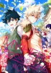 6+boys :d all_might alternate_costume bakugou_katsuki belt blonde_hair blue_hair blue_legwear boku_no_hero_academia brown_belt burn_scar cloud commentary_request copyright_name day detached_sleeves english_text eyebrows_visible_through_hair facial_hair fire flower freckles from_side glasses green_eyes green_hair hair_between_eyes hand_holding highres iida_tenya jewelry looking_at_viewer midoriya_izuku multicolored_hair multiple_boys muscle necklace omega_2-d open_mouth outdoors pants red_eyes red_flower red_hair scar shirt short_hair smile spiked_hair todoroki_enji todoroki_shouto two-tone_hair upper_teeth white_flower white_hair white_shirt 