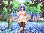 1girl animal_ears ass black_legwear blue_flower blue_hair blue_sky breasts brown_eyes building cake character_request cleavage copyright_request day derivative_work dock eyebrows_visible_through_hair flower food hair_between_eyes highres hill holding holding_tray large_breasts long_hair navel official_art original outdoors panties pantyhose qibu_yuren_jiu scenery sky slice_of_cake smile standing torn torn_clothes torn_legwear tray tree underwear waitress water wrist_cuffs 