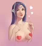  1girl blue_eyes blue_hair blue_nails breasts dulapda erect_nipples heart heart_pasties highres index_finger_raised irelia league_of_legends lips long_hair medium_breasts nail_polish parted_lips pasties pink_background red_lips solo tiara upper_body 