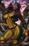  1girl abs belt bodysuit breasts headband highres jacket large_breasts logan_cure marvel multicolored_hair muscle muscular_female rogue_(x-men) solo two-tone_hair x-men 