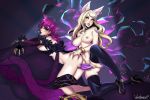  2girls ahri animal_ears ass_grab bent_over blonde_hair blush breasts breasts_outside choker claws crossed_arms dildo double_dildo ear_piercing ears elbow_gloves evelynn facial_mark fox_ears fox_girl fur_trim gloves high_heels k/da_(league_of_legends) k/da_ahri k/da_evelynn kneeling large_breasts league_of_legends lips lipstick looking_at_viewer looking_away makeup microphone multiple_girls navel nipples nose nude piercing pink_hair pumps purple_lips pussy pussy_juice signature skirt skirt_down thighhighs vaginal velvetqueenh whisker_markings wristband yellow_eyes yuri 