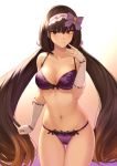  1girl bangs bare_shoulders black_hair blush bra breasts brown_hair cleavage collarbone detached_sleeves eyebrows_visible_through_hair fate/grand_order fate_(series) gradient gradient_background groin hair_between_eyes hair_ornament hairband hand_up highres lace lace-trimmed_panties large_breasts lingerie long_hair looking_at_viewer low_twintails mashu_003 medium_breasts navel osakabe-hime_(fate/grand_order) panties purple_eyes ribbon-trimmed_bra ribbon-trimmed_panties sidelocks signature skindentation solo thighs twintails underwear very_long_hair 