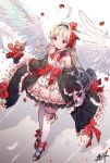  1girl bare_shoulders black_hairband black_sleeves blonde_hair blush bow closed_mouth detached_sleeves dress feathered_wings feathers frilled_dress frills hair_bow hairband holding holding_stuffed_animal juliet_sleeves kuri_choko long_hair long_sleeves original petals puffy_sleeves red_bow red_eyes red_ribbon ribbon ribbon-trimmed_dress sample shadow signature solo standing strapless strapless_dress stuffed_animal stuffed_toy teddy_bear thighhighs very_long_hair white_dress white_feathers white_legwear white_wings wide_sleeves wings 