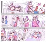  breasts cake chinese_commentary comic commentary_request couch dreaming dress fate/grand_order fate_(series) food halo jack_the_ripper_(fate/apocrypha) kama_(fate/grand_order) large_breasts lavender_hair long_hair lying me!me!me! multiple_girls numbered_panels nursery_rhyme_(fate/extra) pink_dress red_eyes sleeping tears trembling very_long_hair waero 