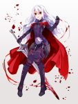 1girl armored_boots blood bloody_weapon boots cape faulds full_body grey_background highres long_hair looking_at_viewer open_mouth petals pixiv_fantasia pixiv_fantasia_last_saga pointy_ears red_eyes simple_background solo sword thigh_boots thighhighs tori_(10ri) weapon white_hair 