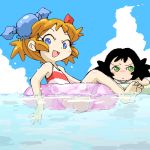  2girls amane_(fushigi_mahou_fun_fun_pharmacy) black_hair blue_eyes fushigi_mahou_fun_fun_pharmacy green_eyes lowres multiple_girls orange_hair popuri swimsuit 