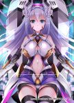  1girl armor bare_shoulders blue_eyes breasts cameltoe character_request commentary_request dot_nose hair_between_eyes hairband harimoji highres kami_project large_breasts long_hair looking_at_viewer navel number official_art parted_lips purple_hair revealing_clothes solo tagme teeth 