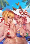  2girls abs animal_ears areolae asymmetrical_docking beach bikini blonde_hair blue_bikini bow braid breast_grab breast_press breasts bug butterfly criss-cross_halter day ears_through_headwear exlic fate/grand_order fate_(series) ffm_threesome fox_ears grabbing green_eyes group_sex hair_between_eyes hair_over_shoulder halter_top halterneck hat hat_bow hetero highres insect jewelry large_breasts lips long_hair lotion_bottle low_ponytail multiple_girls multiple_paizuri nail_polish navel necklace nero_claudius_(fate)_(all) nero_claudius_(swimsuit_caster)_(fate) nipples ocean outdoors paizuri parted_lips penis pink_hair pink_lips pink_nails pov red_bikini red_lips sky striped striped_bikini sun_hat swimsuit tamamo_(fate)_(all) tamamo_no_mae_(swimsuit_lancer)_(fate) teamwork threesome uncensored veins veiny_penis white_headwear yellow_eyes 