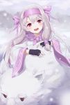  1girl :d ainu_clothes bear black_gloves blush bow fang fate/grand_order fate_(series) fingerless_gloves gloves hair_bow hair_ribbon hairband highres leilin long_hair long_sleeves looking_at_viewer open_mouth print_hairband purple_bow purple_hairband purple_ribbon red_eyes ribbon shirou_(fate/grand_order) signature silver_hair sitonai smile solo very_long_hair wide_sleeves 
