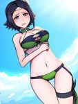  1girl bikini black_bikini black_hair blue_eyes blush breasts choker cleavage cloud cloudy_sky cowboy_shot day dutch_angle embarrassed feather_hair_ornament fire_emblem fire_emblem:_kakusei fire_emblem_heroes green_bikini groin medium_breasts midriff nintendo noire_(fire_emblem) open_mouth phiphi-au-thon short_hair sky solo sun sunlight swimsuit thigh_strap two-tone_bikini wavy_mouth 