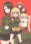  4girls :d :o alina_(girls_und_panzer) bangs black_hair black_legwear black_skirt blonde_hair blue_eyes book brown_eyes brown_hair brown_headwear clara_(girls_und_panzer) cover cover_page cyrillic doujin_cover emblem english_text eyebrows_visible_through_hair fang frown fur_hat girls_und_panzer green_jacket hagiya_masakage hat holding holding_book jacket katyusha long_hair long_sleeves looking_at_viewer miniskirt multiple_girls nina_(girls_und_panzer) nonna open_mouth pleated_skirt pravda_school_uniform red_background red_shirt russian_text school_uniform shirt short_hair short_twintails skirt smile smirk smug socks standing swept_bangs tank_top turtleneck twintails ushanka v-shaped_eyebrows 