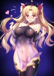  1girl @_@ bangs bare_shoulders blonde_hair blue_background blush breasts collarbone cosplay cowboy_shot detached_sleeves earrings erect_nipples ereshkigal_(fate/grand_order) eyebrows_visible_through_hair fate/grand_order fate_(series) flying_sweatdrops glint gradient gradient_background hair_ribbon hands_up heart jewelry kama_(fate/grand_order) kama_(fate/grand_order)_(cosplay) large_breasts long_hair long_sleeves looking_at_viewer navel nipples no_panties nose_blush open_mouth parted_bangs purple_legwear purple_ribbon pussy red_eyes revealing_clothes ribbon school_uniform serafuku solo sparkle thighhighs tiara two_side_up very_long_hair w_arms wavy_mouth zha_yu_bu_dong_hua 