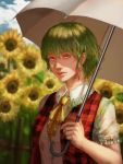  1girl alternate_eye_color arm_at_side ascot bangs blue_sky blurry blurry_background breasts cloud collared_shirt commentary_request day ears frilled_ascot frilled_shirt_collar frilled_sleeves frills garden_of_the_sun green_hair hair_between_eyes highres holding holding_umbrella kazami_yuuka lips medium_breasts niz nose open_clothes open_vest outdoors parasol pink_eyes pink_lips plaid plaid_vest realistic red_eyes red_vest shiny shiny_hair shirt short_hair short_sleeves sidelocks sky solo touhou umbrella upper_body vest wavy_hair white_shirt yellow_neckwear 