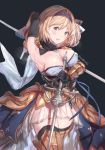  1girl :d arm_up armpits bad_id bangs black_background black_gloves black_hairband black_legwear blonde_hair blush boots breasts brown_eyes brown_footwear chrysaor_(granblue_fantasy) cleavage corset cowboy_shot detached_collar djeeta_(granblue_fantasy) elbow_gloves erect_nipples eyebrows_visible_through_hair faulds gloves granblue_fantasy hair_intakes hairband highres holding holding_sword holding_weapon large_breasts looking_at_viewer milli_little open_mouth see-through short_hair simple_background skindentation skirt smile solo steaming_body strapless striped sword thigh_boots thighhighs thighhighs_under_boots twitter_username vambraces vertical-striped_footwear vertical_stripes weapon white_skirt 