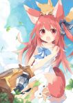  1girl :d animal animal_ear_fluff animal_ears animal_on_head bangs bare_arms bare_shoulders blue_bow blue_sky blurry blurry_background blush bow cloud commentary_request day depth_of_field dress dutch_angle eyebrows_visible_through_hair fang fox fox_ears fox_girl fox_on_head fox_tail hair_between_eyes hair_bow highres holding kushida_you lantern leaf long_hair looking_at_viewer on_head open_mouth original outdoors red_eyes red_hair sky sleeveless sleeveless_dress smile solo suitcase sundress tail very_long_hair white_dress 