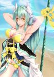  1girl :d absurdres aqua_hair armpits arms_behind_head bangs bare_shoulders beach bikini blue_sky blush bow breasts cleavage cloud commentary_request cowboy_shot day eyebrows_visible_through_hair fate/grand_order fate_(series) groin hair_between_eyes hair_bow highres horns japanese_clothes kimono kimono_pull kiyohime_(fate/grand_order) kiyohime_(swimsuit_lancer)_(fate) kuromu large_breasts long_hair looking_at_viewer medium_breasts navel ocean open_mouth outdoors sand sidelocks sky smile solo swimsuit thighs very_long_hair wet yellow_bikini yellow_eyes 