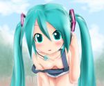  00s 1girl aqua_eyes aqua_hair bare_shoulders bent_over blush breasts cloud clueless downblouse extended_downblouse hanging_breasts hatsune_miku headphones highres kazu-chan leaning_forward long_hair looking_at_viewer matching_hair/eyes no_bra no_nose off_shoulder outdoors parted_lips sky small_breasts solo strap_slip tied_hair tree twintails vocaloid 