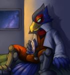  avian bedroom bird clothed clothing cum cum_on_penis falco_lombardi hi_res humanoid_penis male masturbation nintendo penis sitting solo spookybooty star_fox video_games 