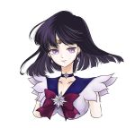  1girl amethyst_(stone) arms_at_sides bare_arms bishoujo_senshi_sailor_moon black_hair bow brooch choker closed_mouth collarbone earrings female gem hagu_kichi_(hgk) highres jewelry looking_at_viewer magical_girl neck necklace outer_senshi purple_bow purple_choker purple_eyes purple_sailor_collar sailor_collar sailor_saturn sailor_senshi_uniform short_hair simple_background smile solo star star_necklace tiara tomoe_hotaru upper_body white_background 