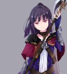  1girl alternate_hairstyle arm_guards atelier_(series) atelier_meruru atelier_totori belt bracer capelet check_commentary choker commentary commentary_request grey_background holding holding_weapon jewelry looking_at_viewer maromi_(am97) mimi_houllier_von_schwarzlang necklace polearm purple_hair red_eyes short_hair simple_background smile solo weapon 