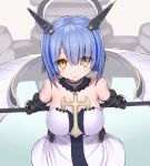  1girl asamura_hiori azur_lane bangs bare_shoulders blue_hair blush breasts choker closed_mouth collarbone crossed_legs dress eyebrows_visible_through_hair eyelashes eyes_visible_through_hair fleur_de_lis floating_headgear from_above gascogne_(azur_lane) gauntlets greaves holding holding_weapon large_breasts legs_crossed looking_at_viewer short_hair solo standing strapless strapless_dress watson_cross weapon white_dress yellow_eyes 