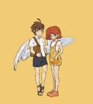  1boy 1girl ahoge alternate_costume angel_wings bag bare_legs blue_eyes bracelet brown_footwear brown_hair collared_shirt contemporary earrings feathered_wings floral_print full_body hands_in_pockets highres jewelry kid_icarus legs_together looking_at_viewer mario_(series) nintendo orange_background orange_footwear oskar_vega overall_shorts overalls pit_(kid_icarus) princess_daisy sandals shirt short_hair short_sleeves shorts shoulder_bag simple_background smile standing super_mario_bros. super_mario_land super_smash_bros. t-shirt tomboy white_shirt white_wings wings wristband yellow_background 