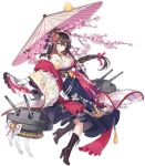  1girl alternate_costume azur_lane bangs blush boots braid breasts brown_footwear brown_hair cannon cherry_blossoms closed_mouth criin cross-laced_footwear eyebrows_visible_through_hair full_body gloves hair_between_eyes hair_ornament hair_ribbon high_heel_boots high_heels holding holding_umbrella horns lace-up_boots long_hair long_sleeves looking_at_viewer medium_breasts mikasa_(azur_lane) official_art oriental_umbrella pink_ribbon ribbon rigging side_braid single_braid smile solo star star-shaped_pupils symbol-shaped_pupils turret umbrella watermark white_gloves wide_sleeves 