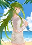  1other absurdres androgynous beach bottle citron_82 commentary_request enkidu_(fate/strange_fake) fate/strange_fake fate_(series) flower green_eyes green_hair hair_flower hair_ornament highres holding holding_bottle hood hoodie leaf light_green_hair long_hair looking_at_viewer ocean sand shorts smile solo very_long_hair water water_bottle white_hoodie white_shorts 