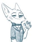  anthro band-aid bandage blue_theme canid canine cheek_tuft clothed clothing collar coveralls disney eyes_closed female fox fuel_(artist) head_tuft mammal pawpads shock_collar simple_background skye_(zootopia) smile solo tuft waving white_background zootopia 