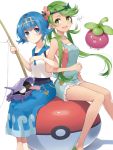  2girls :d bangs bare_shoulders blue_eyes blue_hair blue_pants blush bounsweet capri_pants closed_mouth commentary_request creatures_(company) eyebrows_visible_through_hair fishing_rod flower game_freak gen_1_pokemon gen_7_pokemon green_eyes green_hair hair_flower hair_ornament hairband highres holding holding_fishing_rod locked_arms long_hair looking_at_viewer mao_(pokemon) multiple_girls nintendo one-piece_swimsuit open_mouth overall_shorts overalls pants poke_ball poke_ball_(generic) pokemon pokemon_(creature) pokemon_(game) pokemon_on_lap pokemon_sm rupinesu shellder short_hair short_shorts shorts signature simple_background sitting sleeveless smile suiren_(pokemon) swept_bangs swimsuit swimsuit_under_clothes trial_captain twintails white_background 