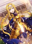  &gt;:o 1girl :o alice_schuberg armor armored_dress bangs blonde_hair blue_cape blue_dress blue_eyes blush braid breastplate cape commentary_request dress dutch_angle eyebrows_visible_through_hair female floating_hair gabiran gauntlets glowing glowing_sword glowing_weapon gold_armor hair_between_eyes hair_intakes hair_ornament hairband holding holding_sword holding_weapon long_hair looking_at_viewer open_mouth outdoors outstretched_arm round_teeth serious sidelocks single_braid solo standing statue sword sword_art_online sword_art_online_alicization teeth upper_teeth very_long_hair weapon white_hairband 