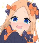  1girl :d abigail_williams_(fate/grand_order) atsumisu bangs black_bow black_dress blonde_hair blue_eyes blush bow commentary_request dress drooling dutch_angle eyebrows_visible_through_hair fate/grand_order fate_(series) forehead hands_up highres long_hair long_sleeves no_hat no_headwear open_mouth orange_bow parted_bangs polka_dot polka_dot_bow saliva simple_background sleeves_past_fingers sleeves_past_wrists smile solo upper_body white_background 