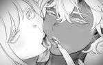  2girls cheek-to-cheek cheek_licking commentary_request dark_skin eyelashes face face_licking greyscale hair_between_eyes licking lips looking_at_viewer looking_away monochrome mouth_pull multiple_girls original parted_lips sweat tongue tongue_out yuri zkstxxx 