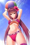  1girl arms_up ball bangs beachball bikini blue_sky blurry blush bracelet breasts cleavage closed_mouth day depth_of_field eyebrows_visible_through_hair fate/grand_order fate_(series) flower from_below gluteal_fold hair_flower hair_ornament highres holding holding_ball jewelry large_breasts leg_garter long_hair looking_at_viewer looking_down medium_breasts navel outdoors pink_bikini pink_flower purple_hair red_eyes scathach_(fate)_(all) scathach_(fate/grand_order) scathach_(swimsuit_assassin)_(fate) shoron sky solo standing stomach swimsuit underboob very_long_hair 