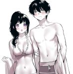  &gt;:( 1girl :o bangs bare_shoulders bikini blush breasts chitanda_eru cleavage closed_mouth collarbone frilled_bikini_top frills green_eyes hair_between_eyes holding_arm hyouka looking_at_viewer male_swimwear medium_breasts mery_(apfl0515) navel open_mouth oreki_houtarou ponytail purple_eyes purple_theme shirtless simple_background solo stomach sweat swim_trunks swimsuit swimwear tareme towel v-shaped_eyebrows white_background 