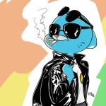  anthro blue_fur cartoon_network clothing domestic_cat eyewear felid feline felis female fourball fur jacket leather leather_jacket looking_back mammal mature_female nicole_watterson rainbow_background simple_background smoking sunglasses the_amazing_world_of_gumball 