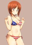  1girl :o american_flag_bikini bangs bikini blush breasts brown_eyes brown_hair collarbone commentary_request cowboy_shot eyebrows_visible_through_hair flag_print girls_und_panzer groin hagiya_masakage looking_down medium_breasts navel nishizumi_miho parted_lips short_hair side-tie_bikini simple_background solo standing sweatdrop swimsuit thighs w_arms 