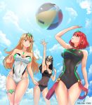  3girls absurdres adapted_costume afba arm_at_side arm_support armpits artist_name ball bangs bare_arms bare_shoulders beachball black_headwear black_swimsuit blonde_hair blue_sky breasts casual_one-piece_swimsuit choker circlet cleavage cloud collarbone commentary commission competition_swimsuit covered_navel day dual_persona earrings english_commentary eyebrows_visible_through_hair gem gluteal_fold hair_between_eyes hat highres hikari_(xenoblade_2) homura_(xenoblade_2) impossible_clothes impossible_swimsuit jewelry large_breasts long_hair looking_up meleph_(xenoblade) multiple_girls nintendo one-piece_swimsuit orange_eyes outdoors parted_lips peaked_cap pixiv_id red_eyes red_hair see-through signature sky small_breasts smile straight_hair strapless strapless_swimsuit striped sunlight swept_bangs swimsuit thigh_gap thigh_strap tossing v-shaped_eyebrows vertical-striped_swimsuit vertical_stripes very_long_hair white_choker white_swimsuit xenoblade_(series) xenoblade_2 yellow_eyes 